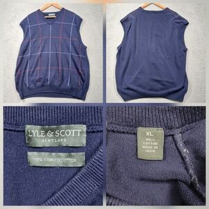 Lyle & Scott Sweater Vest Mens XL Blue Plaid‎ V-Neck Cotton Scotland